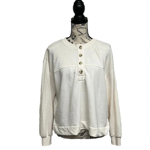 Lou & Grey Wafflestitch Henley Terry Cloth Boxy Sweatshirt Top Norm Modest Small - Picture 2 of 11